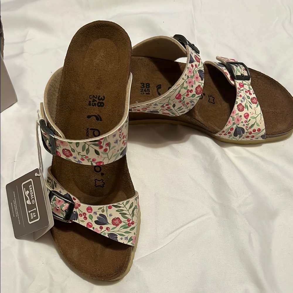 Papillio White Sandals with Pink and Green Floral Design